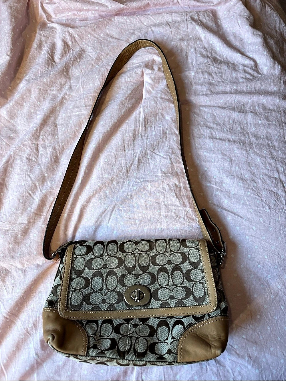 Coach Hamptons Signature Turnlock Flap Shoulder Bag Brown